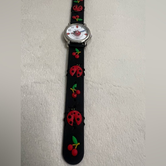 Geneva Quartz Girls Ladybug with Cherries Black Wrist Watch Water Resistant - Picture 4 of 14